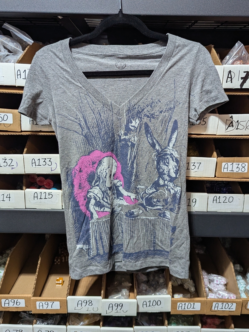Out of Print Grey V-Neck Tee with Navy and Pink Illustration